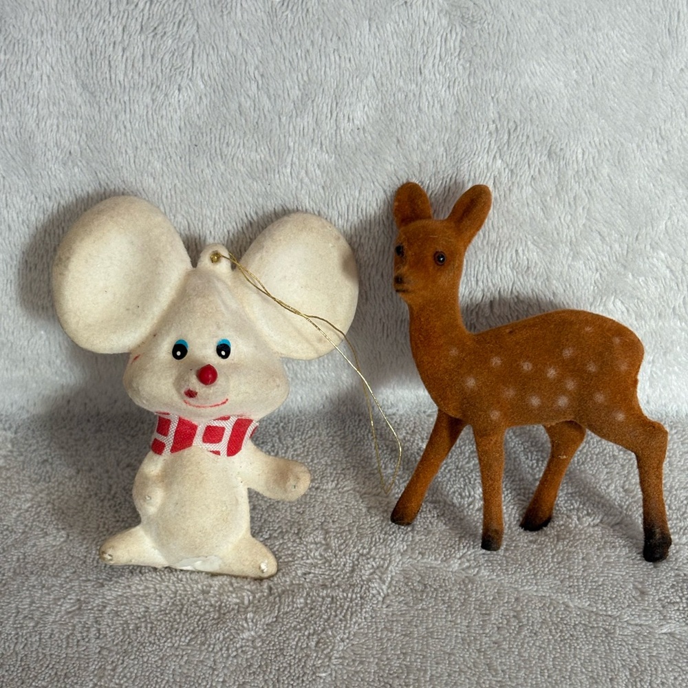 2 VTG  Flocked Christmas decor tan Deer figure White Mouse ornament Approx. 3”